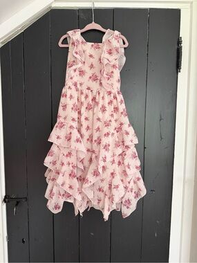 Joyfolie Cream and Pink Floral Ruffle Party Dress